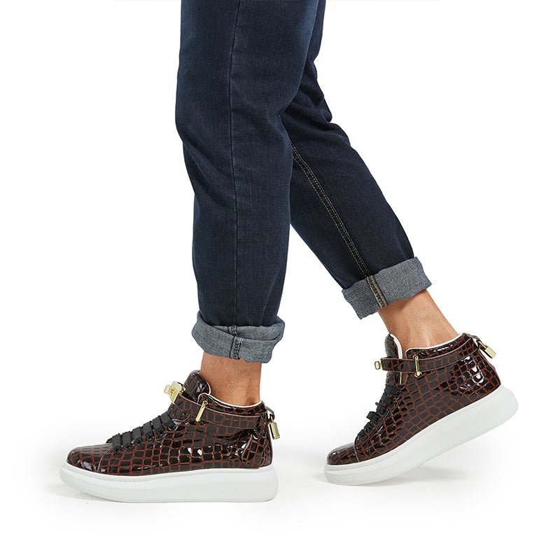 Herensneakers Luxe Crocemboss Hoge Designer Sneakers - Koffie