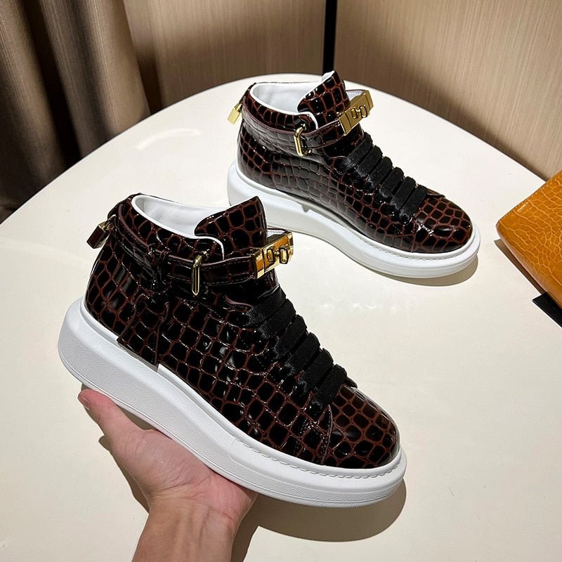 Herensneakers Luxe Crocemboss Hoge Designer Sneakers - Koffie