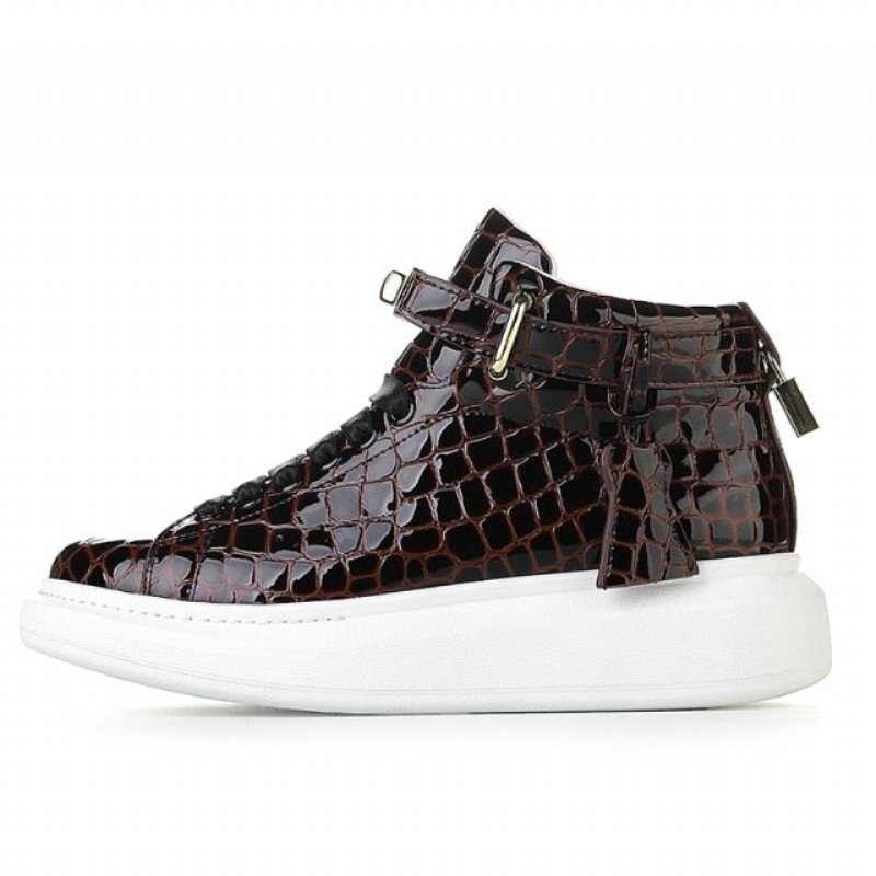 Herensneakers Luxe Crocemboss Hoge Designer Sneakers - Koffie