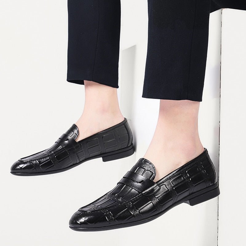 Loafers Heren Echt Leer Met Reliëf Instappers Elegantie - Zwart