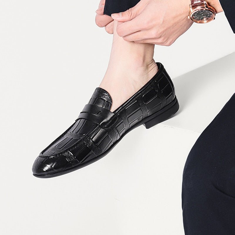 Loafers Heren Echt Leer Met Reliëf Instappers Elegantie - Zwart