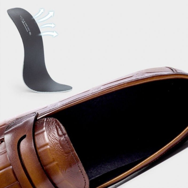 Loafers Heren Echt Leer Met Reliëf Instappers Elegantie - Koffie