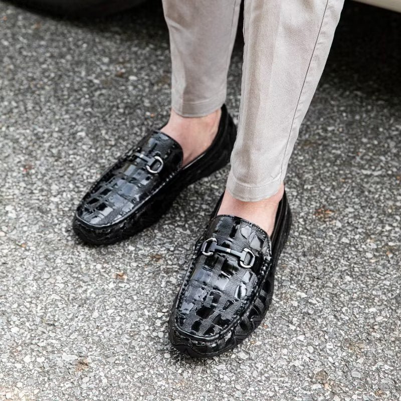 Loafers Heren Exotisch Krokodillenleer Slip-on Met Metalen Neus - Zwart