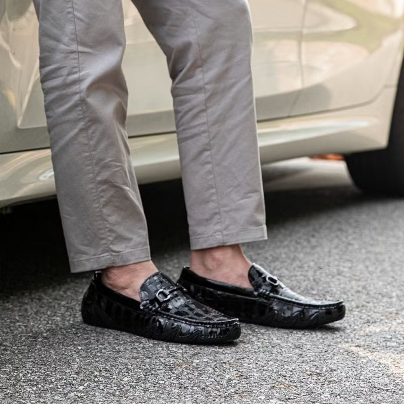 Loafers Heren Exotisch Krokodillenleer Slip-on Met Metalen Neus - Zwart