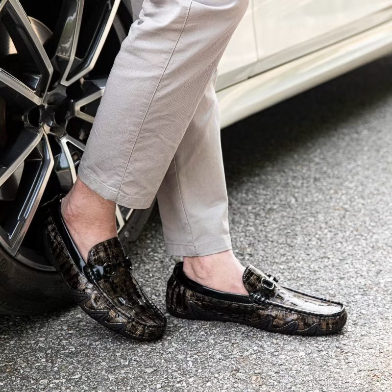 Loafers Heren Exotisch Krokodillenleer Slip-on Met Metalen Neus - Koffie