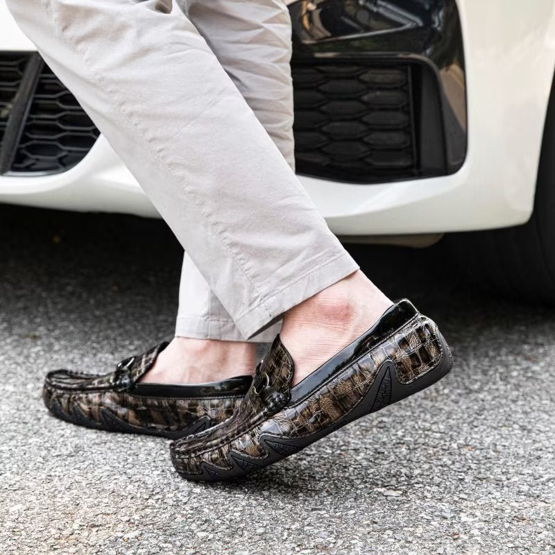 Loafers Heren Exotisch Krokodillenleer Slip-on Met Metalen Neus - Koffie