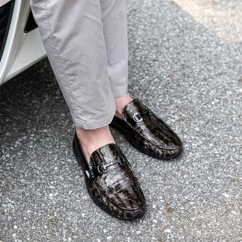 Loafers Heren Exotisch Krokodillenleer Slip-on Met Metalen Neus - Koffie