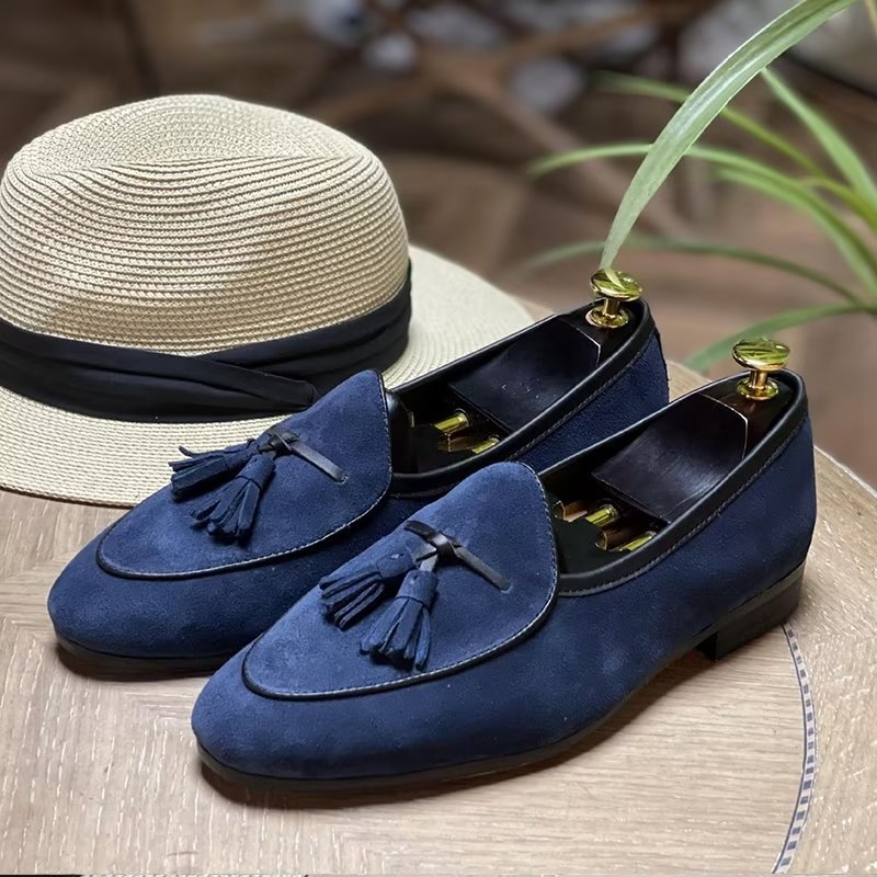 Loafers Heren Instappers Leer Met Ronde Neus - Blauw