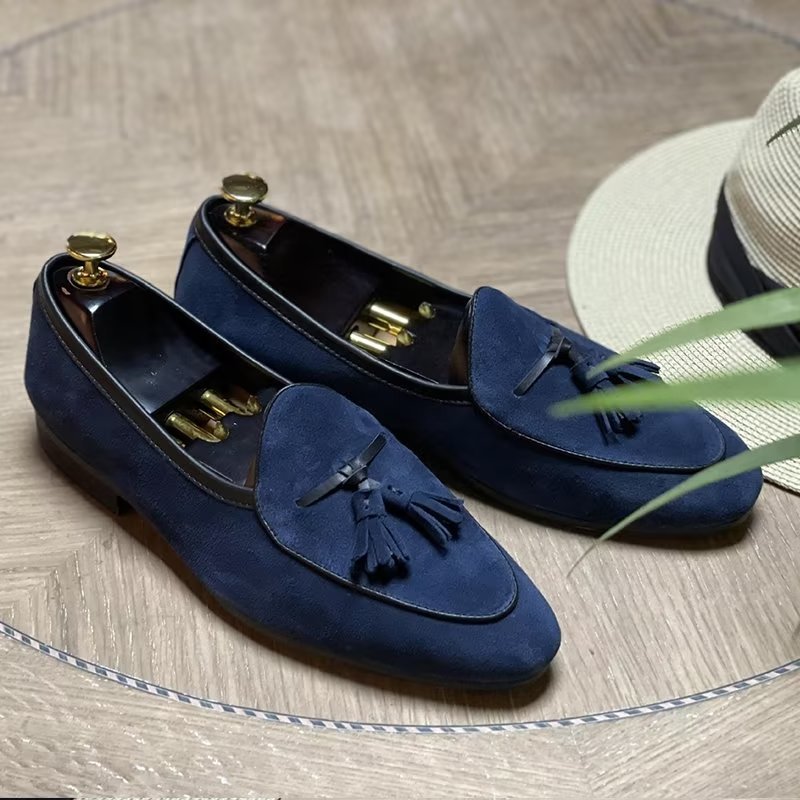 Loafers Heren Instappers Leer Met Ronde Neus - Blauw