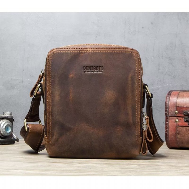 Schoudertassen Heren Elegante Crazy Horse Lederen Robuuste Crossbodytas - Koffie