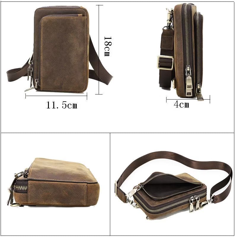 Schoudertassen Heren Elegante Crazy Horse Leren Vintage Crossbodytas - Koffie