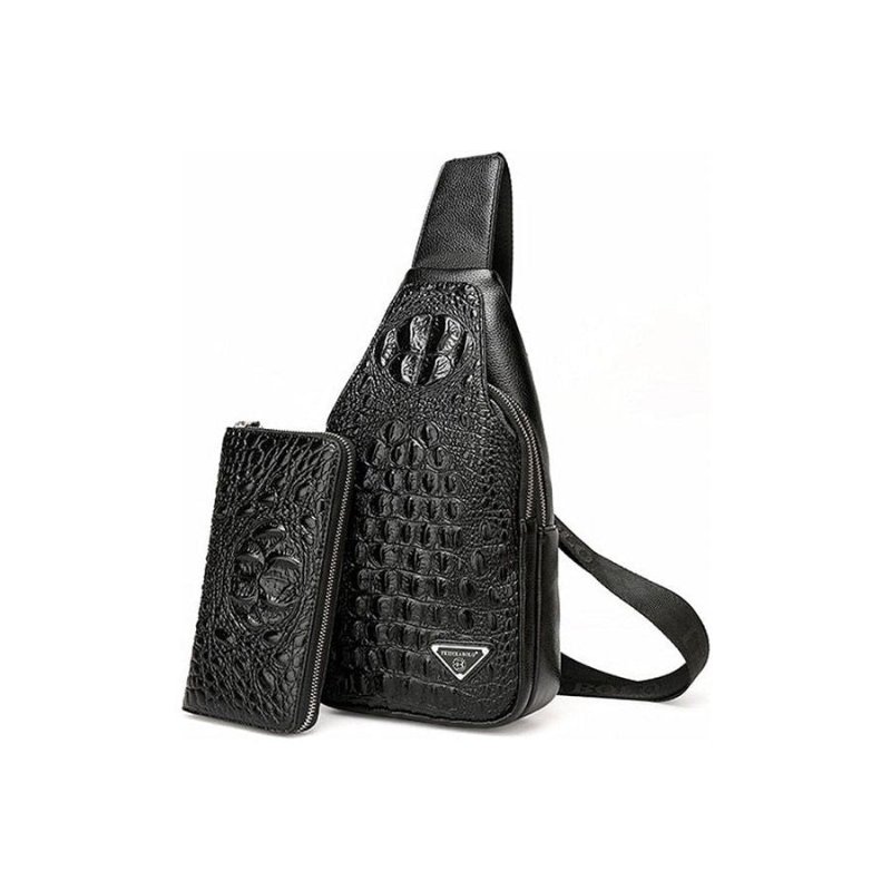 Schoudertassen Heren Exotische Croco-print Sling-rugzak Met Enkele Riem - Zwarte Set