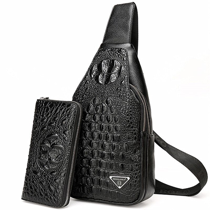 Schoudertassen Heren Exotische Croco-print Sling-rugzak Met Enkele Riem - Zwarte Set