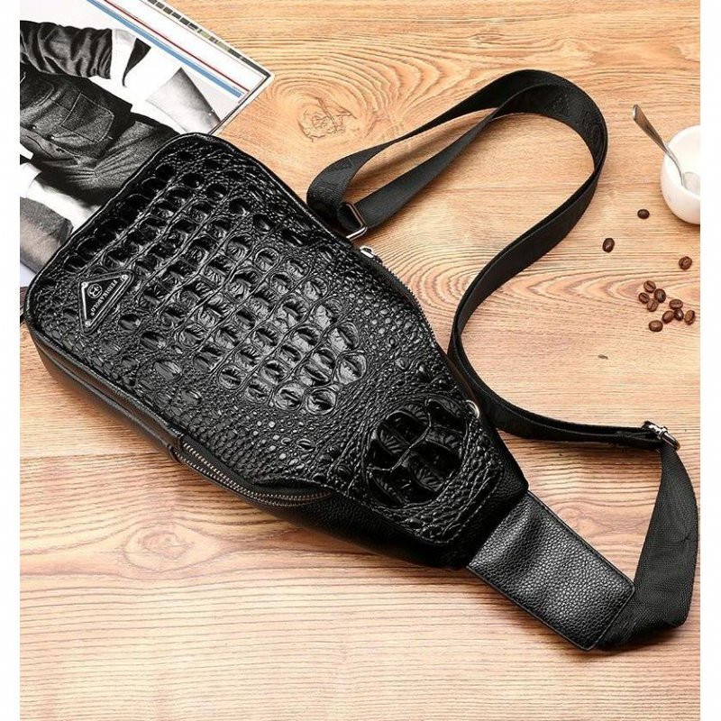 Schoudertassen Heren Exotische Croco-print Sling-rugzak Met Enkele Riem - Zwart