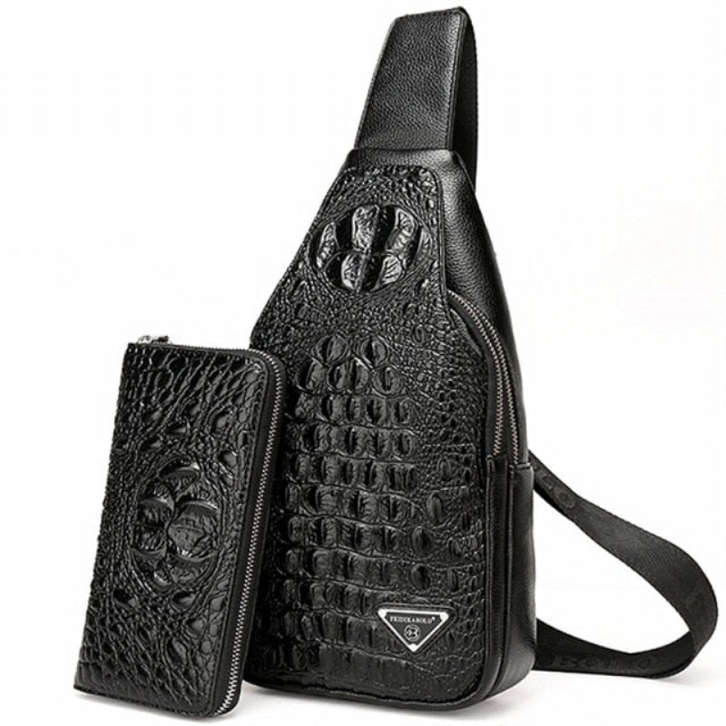 Schoudertassen Heren Exotische Croco-print Sling-rugzak Met Enkele Riem - Zwart