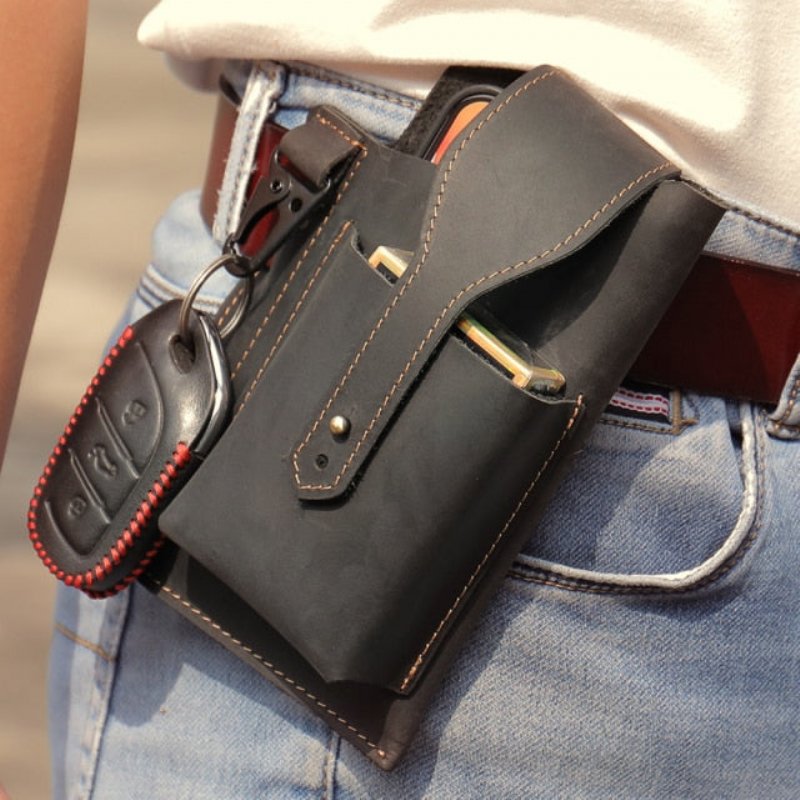 Schoudertassen Heren Leren Telefoonzakje Messenger Bag - Zwart