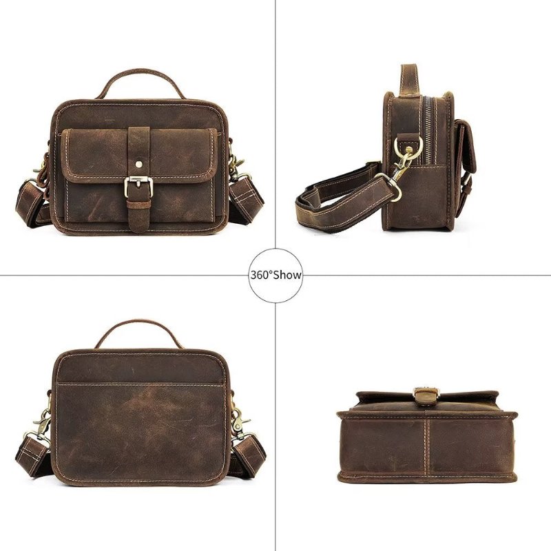 Schoudertassen Heren Luxe Compacte Crossbodytas Echt Leer Met Klep - Koffie