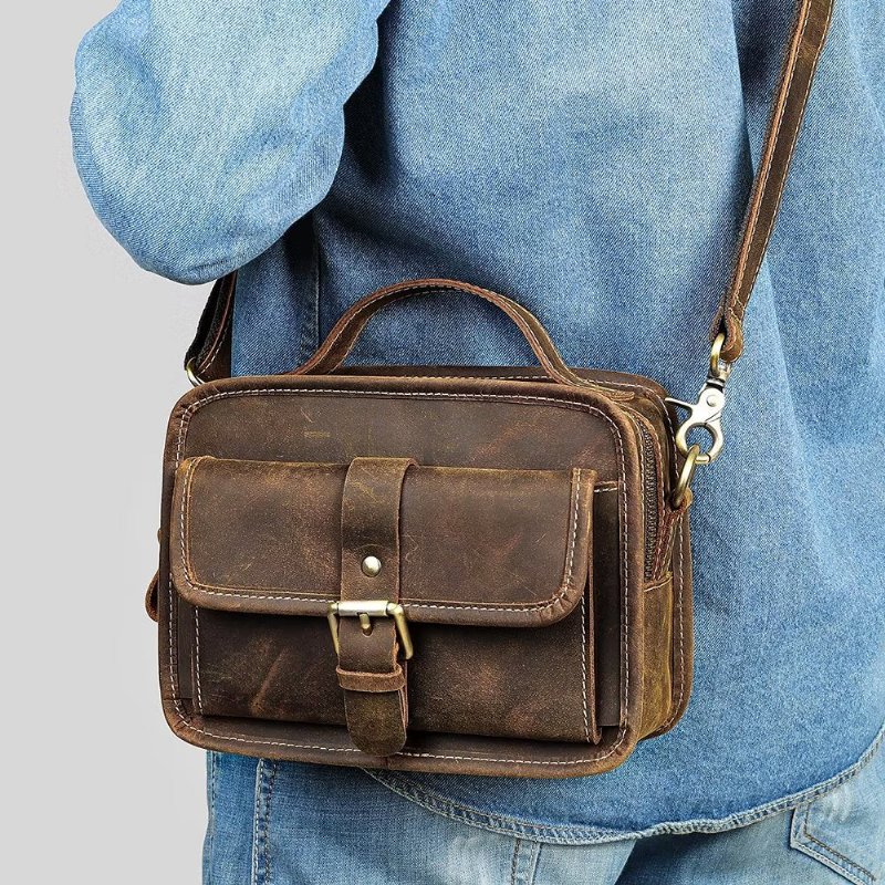 Schoudertassen Heren Luxe Compacte Crossbodytas Echt Leer Met Klep - Koffie