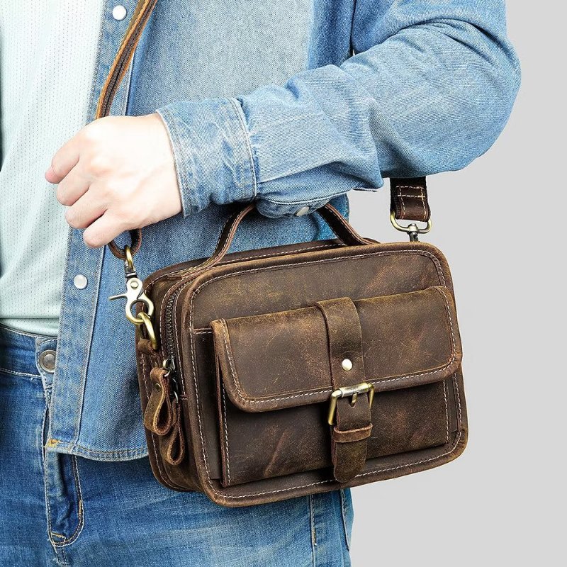 Schoudertassen Heren Luxe Compacte Crossbodytas Echt Leer Met Klep - Koffie