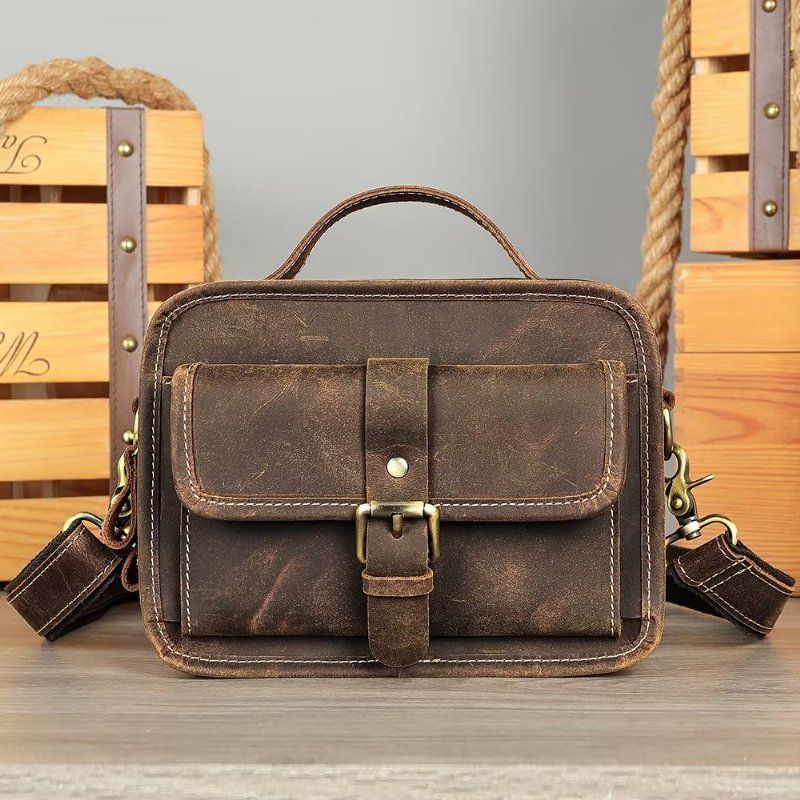 Schoudertassen Heren Luxe Compacte Crossbodytas Echt Leer Met Klep - Koffie