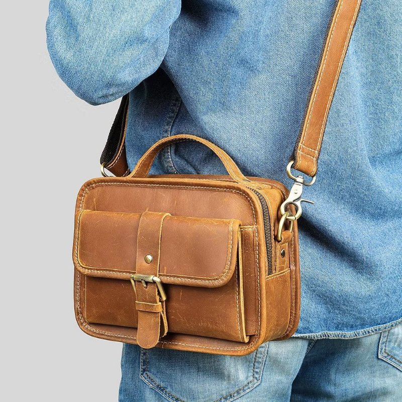 Schoudertassen Heren Luxe Compacte Crossbodytas Echt Leer Met Klep - Bruin