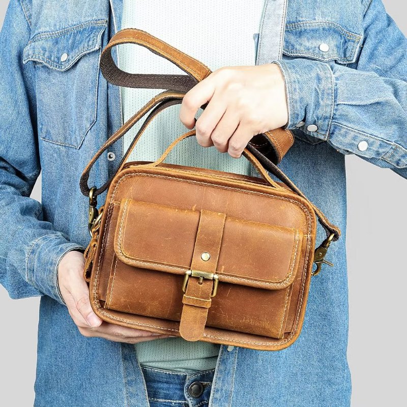 Schoudertassen Heren Luxe Compacte Crossbodytas Echt Leer Met Klep - Bruin