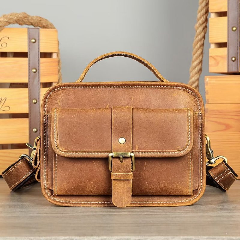 Schoudertassen Heren Luxe Compacte Crossbodytas Echt Leer Met Klep - Bruin