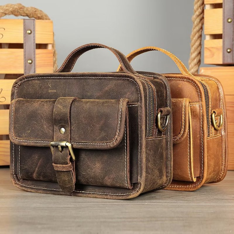 Schoudertassen Heren Luxe Compacte Crossbodytas Echt Leer Met Klep - Bruin