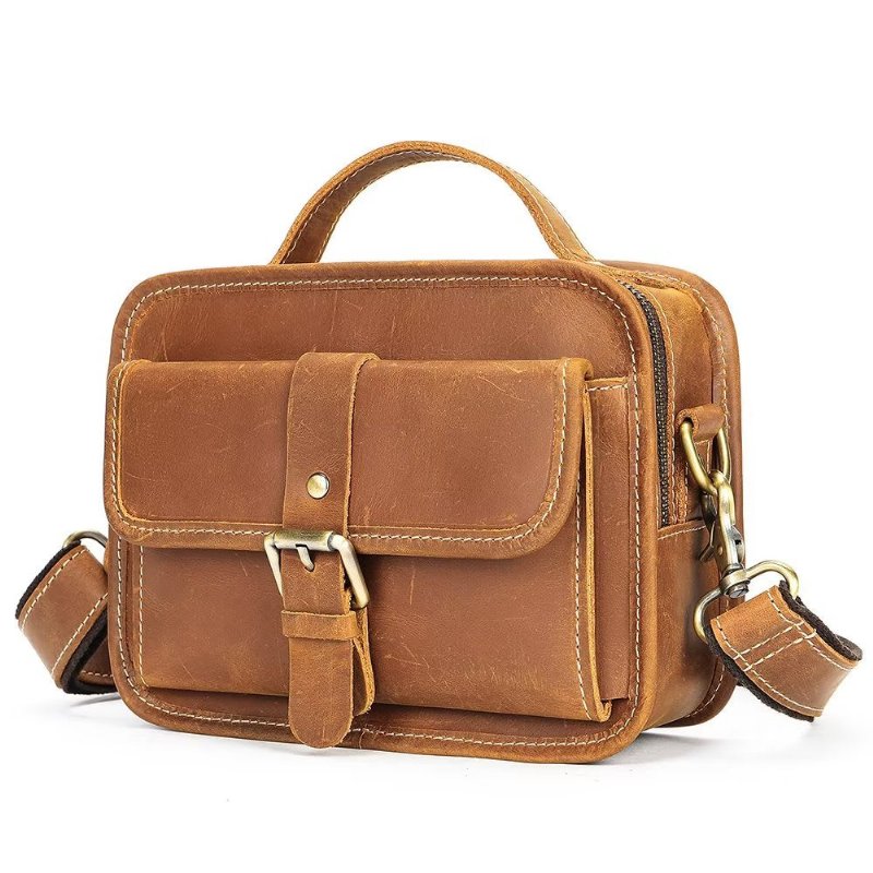 Schoudertassen Heren Luxe Compacte Crossbodytas Echt Leer Met Klep - Bruin