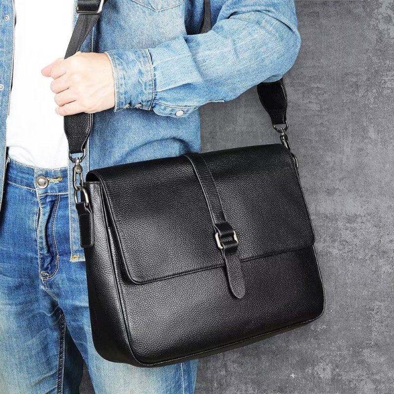 Schoudertassen Heren Luxe Crossbodytas Echt Leer Met Klep - Zwart