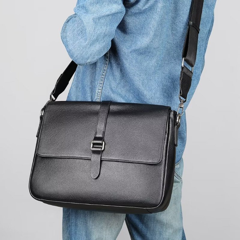 Schoudertassen Heren Luxe Crossbodytas Echt Leer Met Klep - Zwart