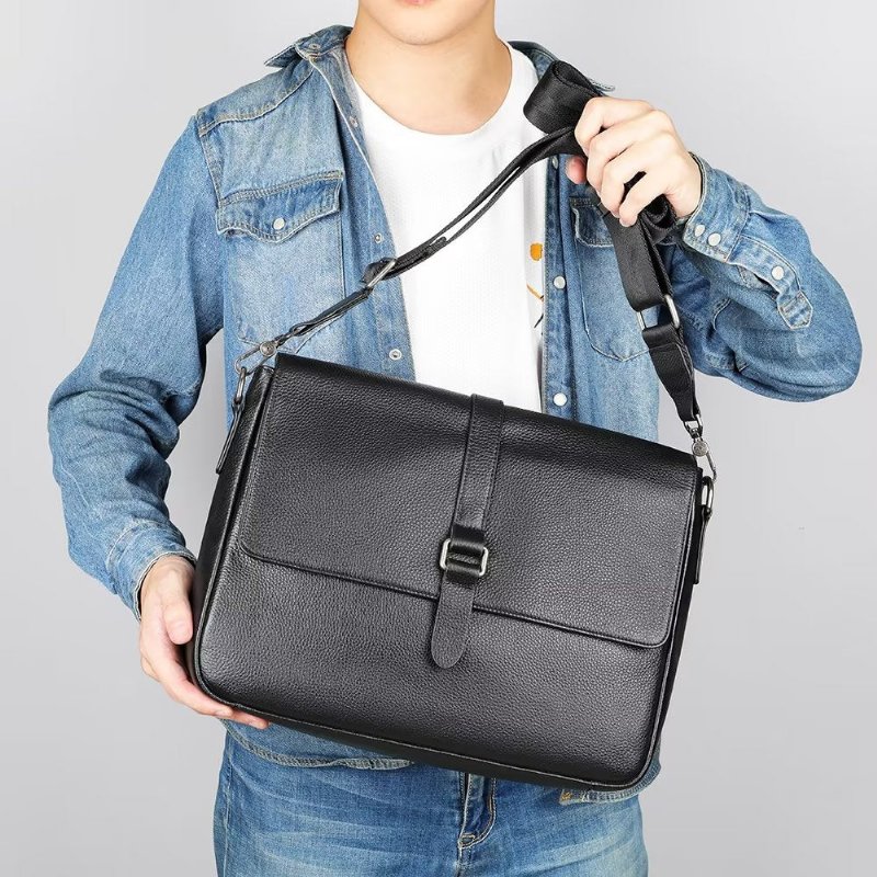 Schoudertassen Heren Luxe Crossbodytas Echt Leer Met Klep - Zwart