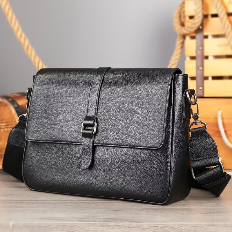 Schoudertassen Heren Luxe Crossbodytas Echt Leer Met Klep - Zwart