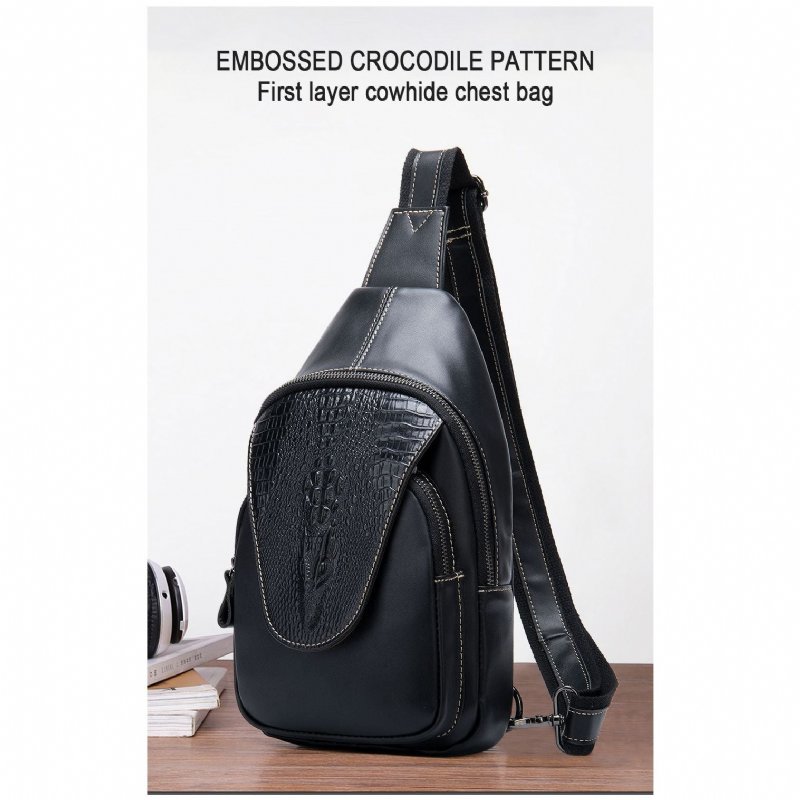 Schoudertassen Heren Luxe Krokodillenleer Sling Messenger Bag Met Ritssluiting - Zwart