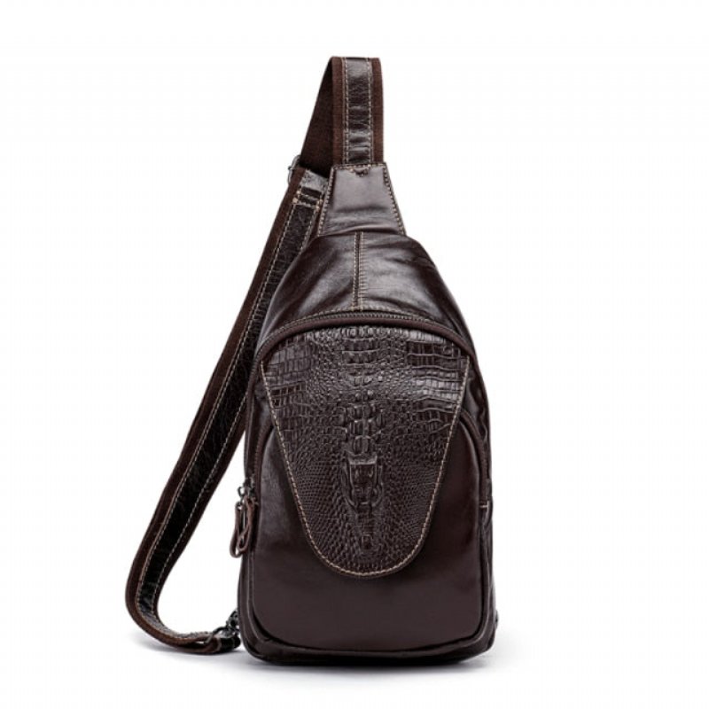 Schoudertassen Heren Luxe Krokodillenleer Sling Messenger Bag Met Ritssluiting - Koffie