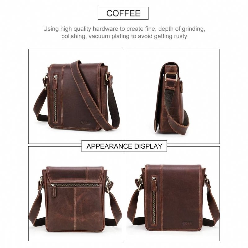 Schoudertassen Heren Luxe Lederen Compacte Crossbodytas Met Flap - Koffie