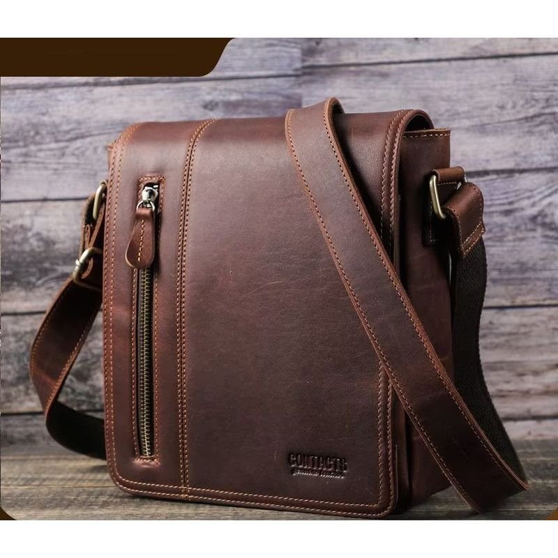 Schoudertassen Heren Luxe Lederen Compacte Crossbodytas Met Flap - Koffie