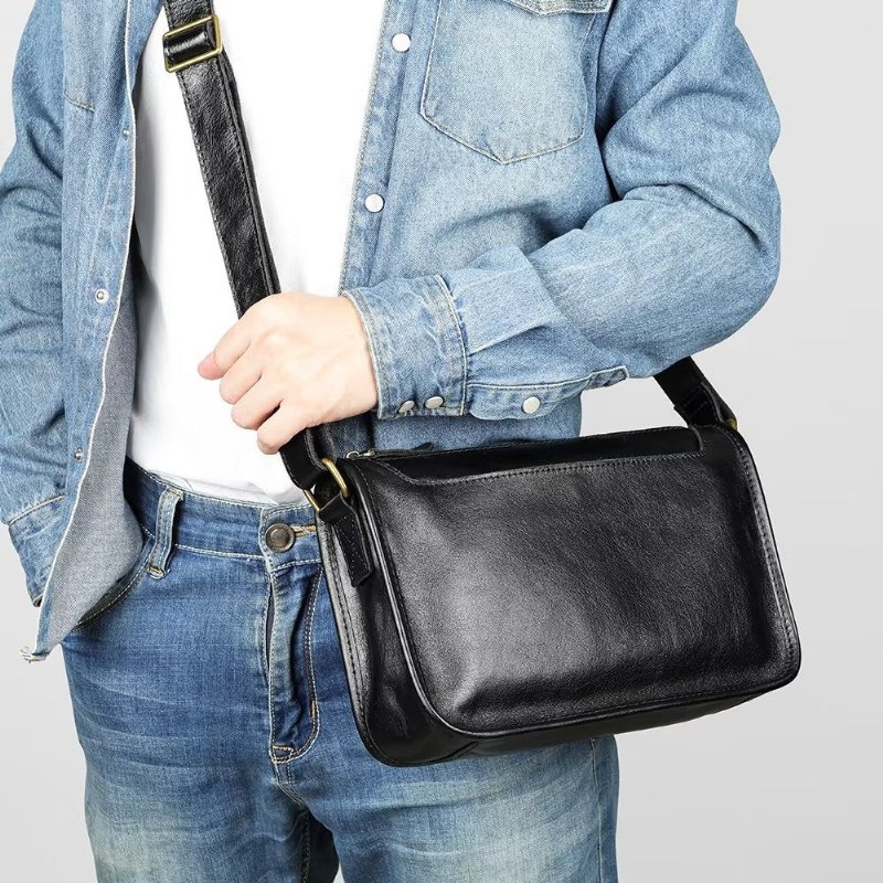 Schoudertassen Heren Luxe Lederen Klassieke Crossbodytas Met Klep - Zwart