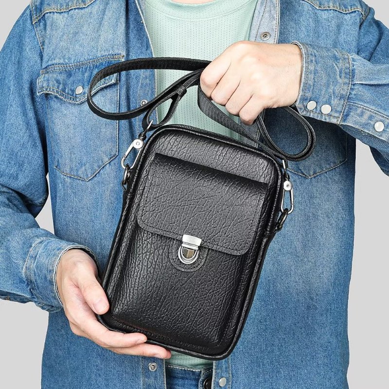 Schoudertassen Heren Luxe Lederen Vintage Crossbodytas Met Klep - Zwart