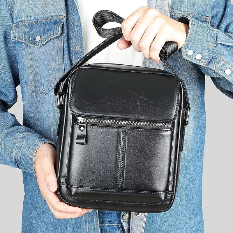 Schoudertassen Heren Luxe Leren Crossbodytas Met Flap Franjes - Zwart