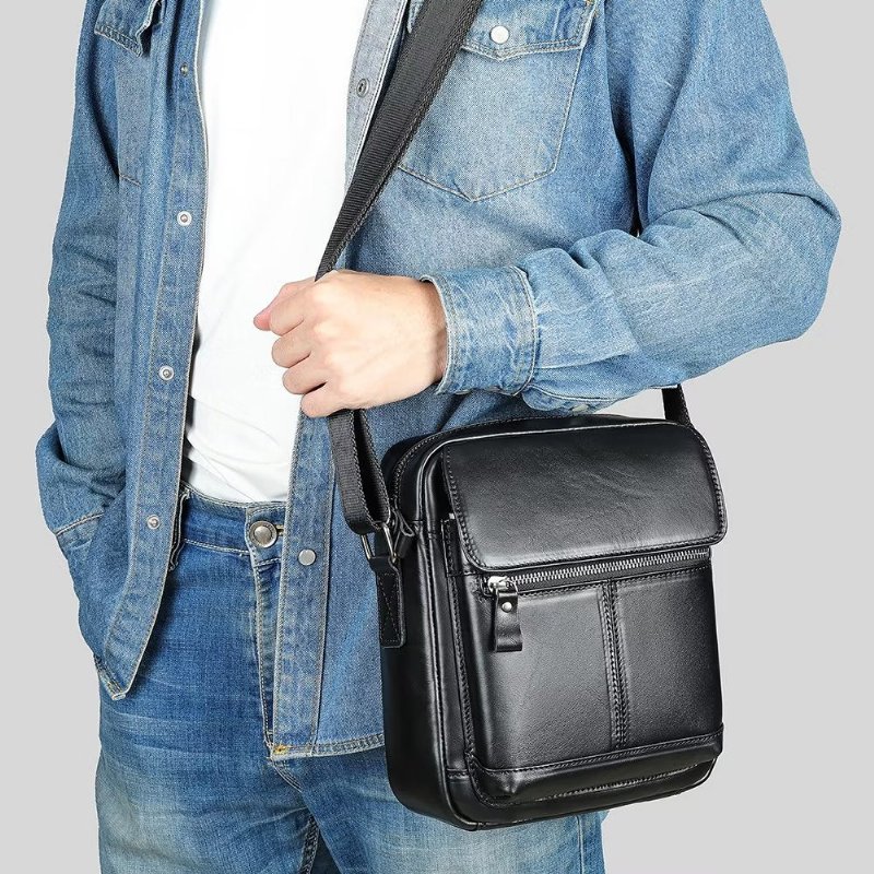 Schoudertassen Heren Luxe Leren Crossbodytas Met Flap Franjes - Zwart