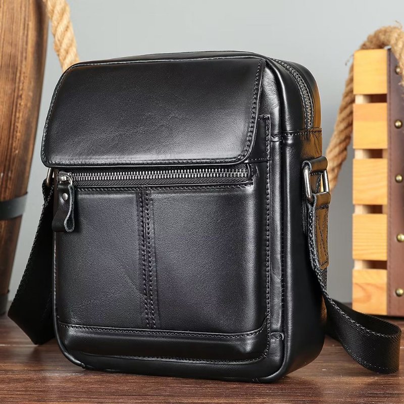 Schoudertassen Heren Luxe Leren Crossbodytas Met Flap Franjes - Zwart