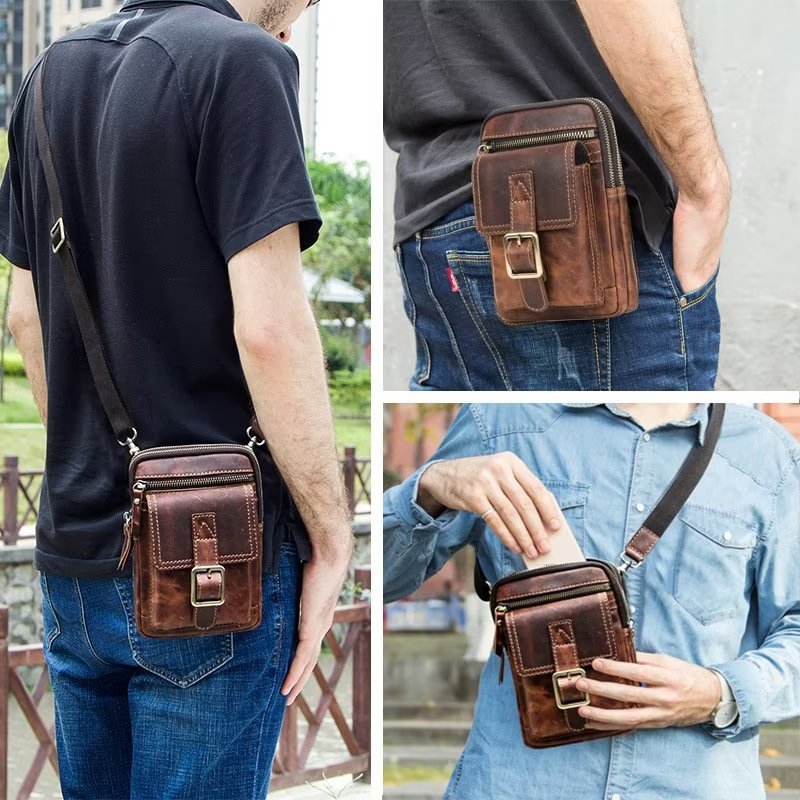 Schoudertassen Heren Luxe Leren Crossbodytas Met Klep - Roodbruin