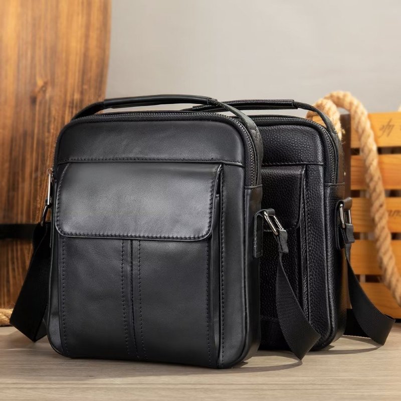 Schoudertassen Heren Luxe Leren Gewatteerde Crossbodytas Met Klep - Zwart