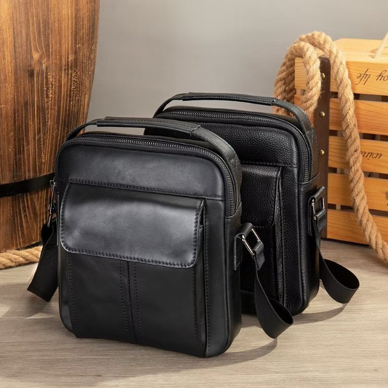 Schoudertassen Heren Luxe Leren Gewatteerde Crossbodytas Met Klep - Zwart