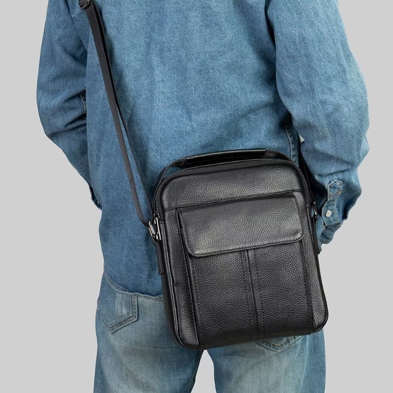 Schoudertassen Heren Luxe Leren Gewatteerde Crossbodytas Met Klep - Zwart