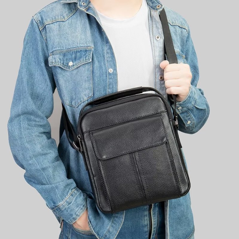 Schoudertassen Heren Luxe Leren Gewatteerde Crossbodytas Met Klep - Zwart