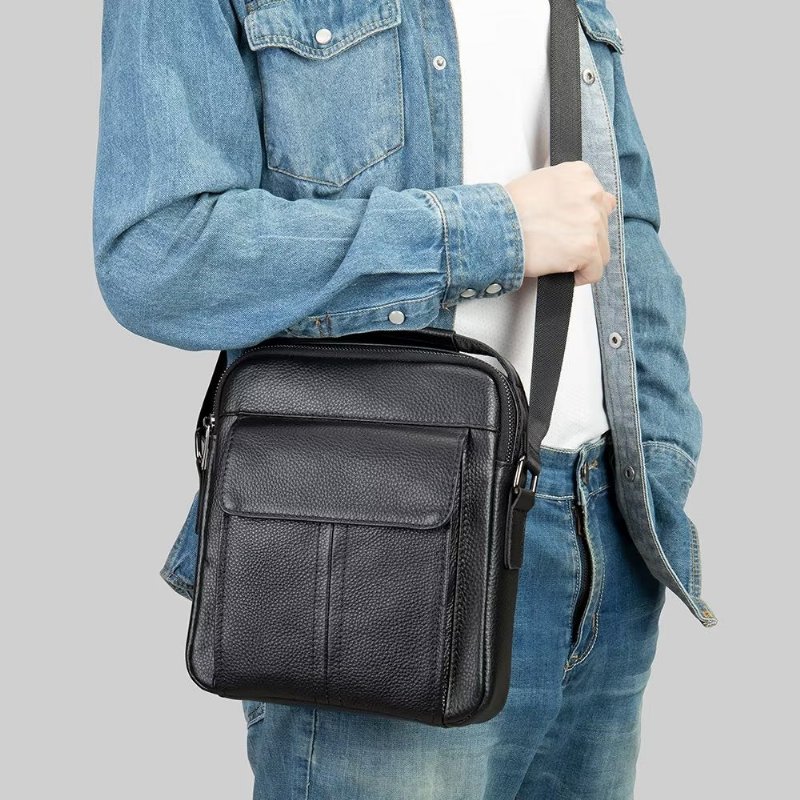 Schoudertassen Heren Luxe Leren Gewatteerde Crossbodytas Met Klep - Zwart