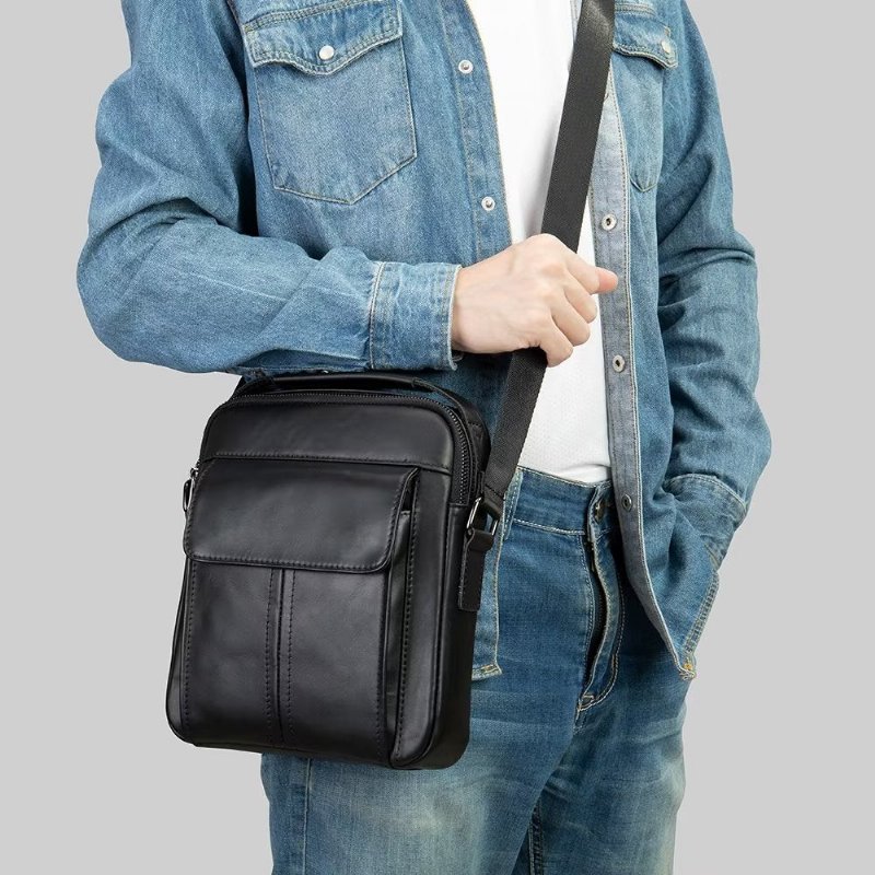 Schoudertassen Heren Luxe Leren Gewatteerde Crossbodytas Met Klep - Zwart