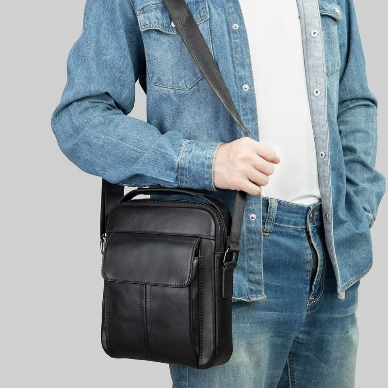 Schoudertassen Heren Luxe Leren Gewatteerde Crossbodytas Met Klep - Zwart